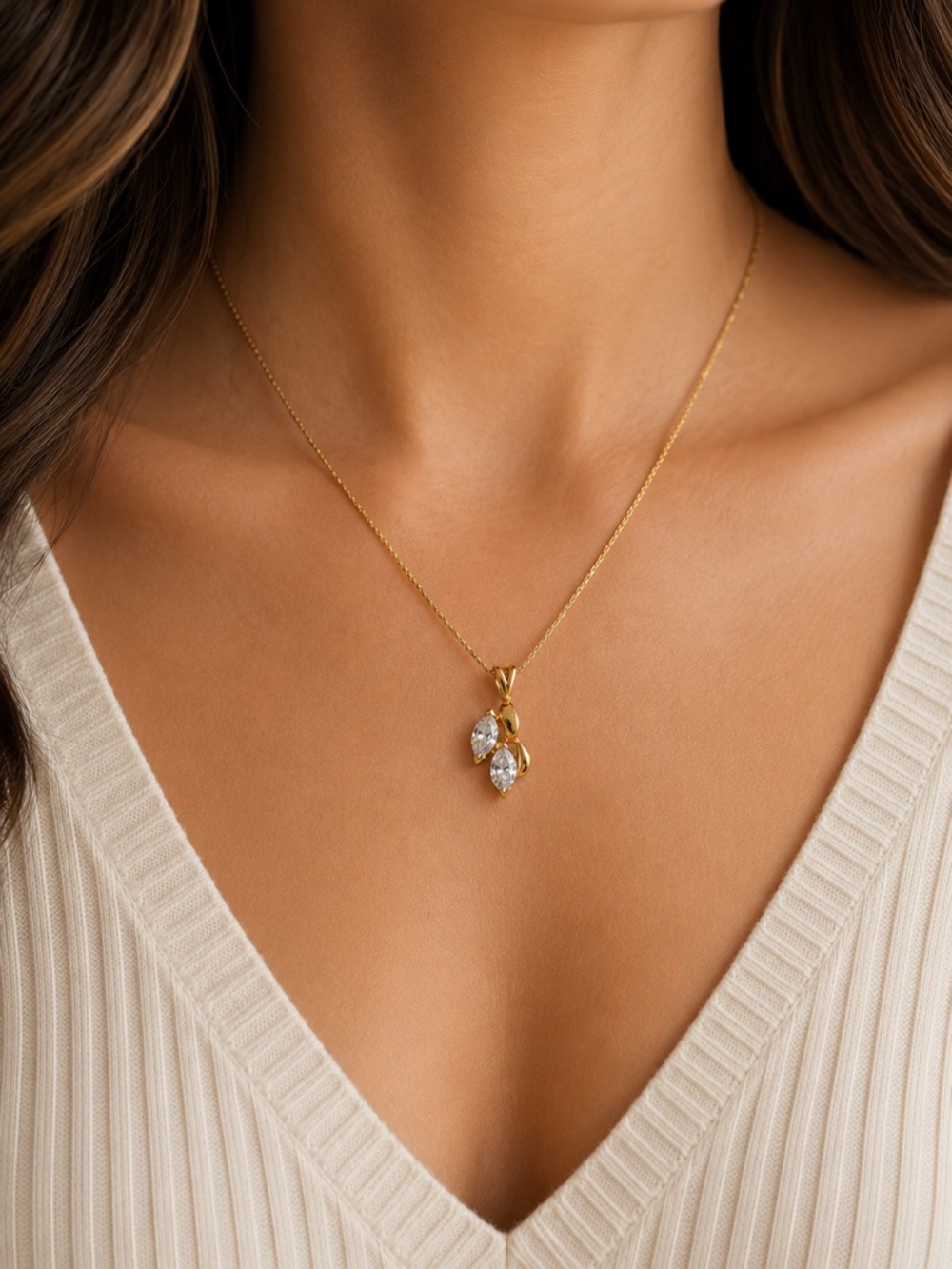 Vintage Gold Tone Marquise CZ Pendant Necklace 18” Retro Estate Style